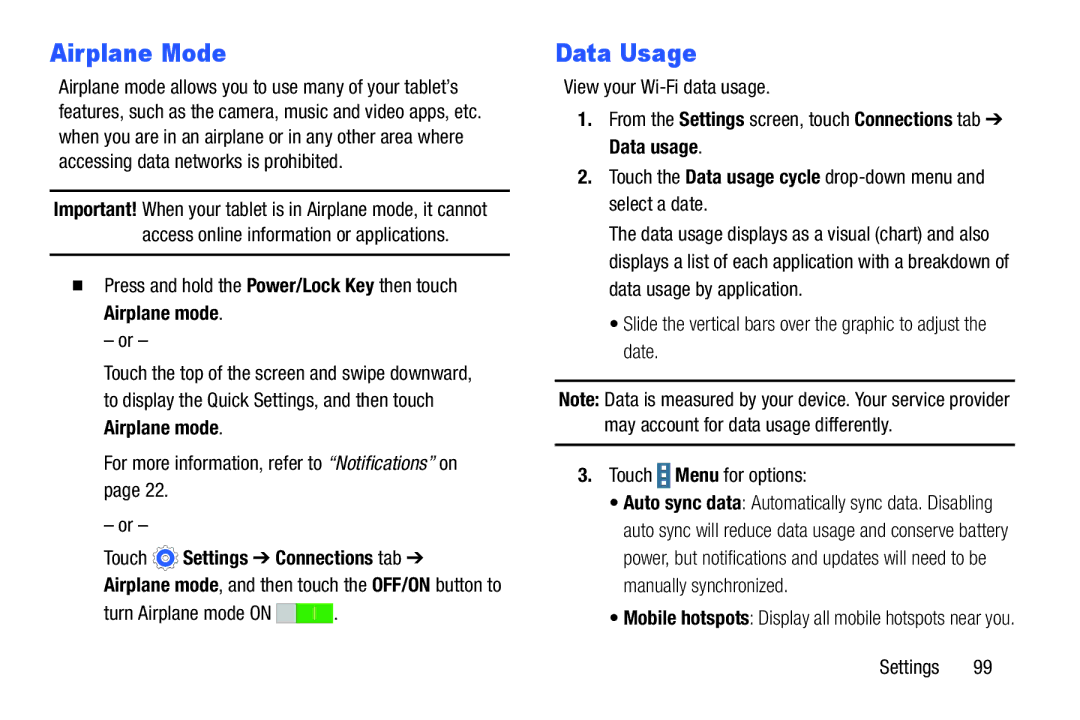 Samsung SM-T9000ZWAXAR user manual Airplane Mode, Data Usage, Touch Settings Connections tab 