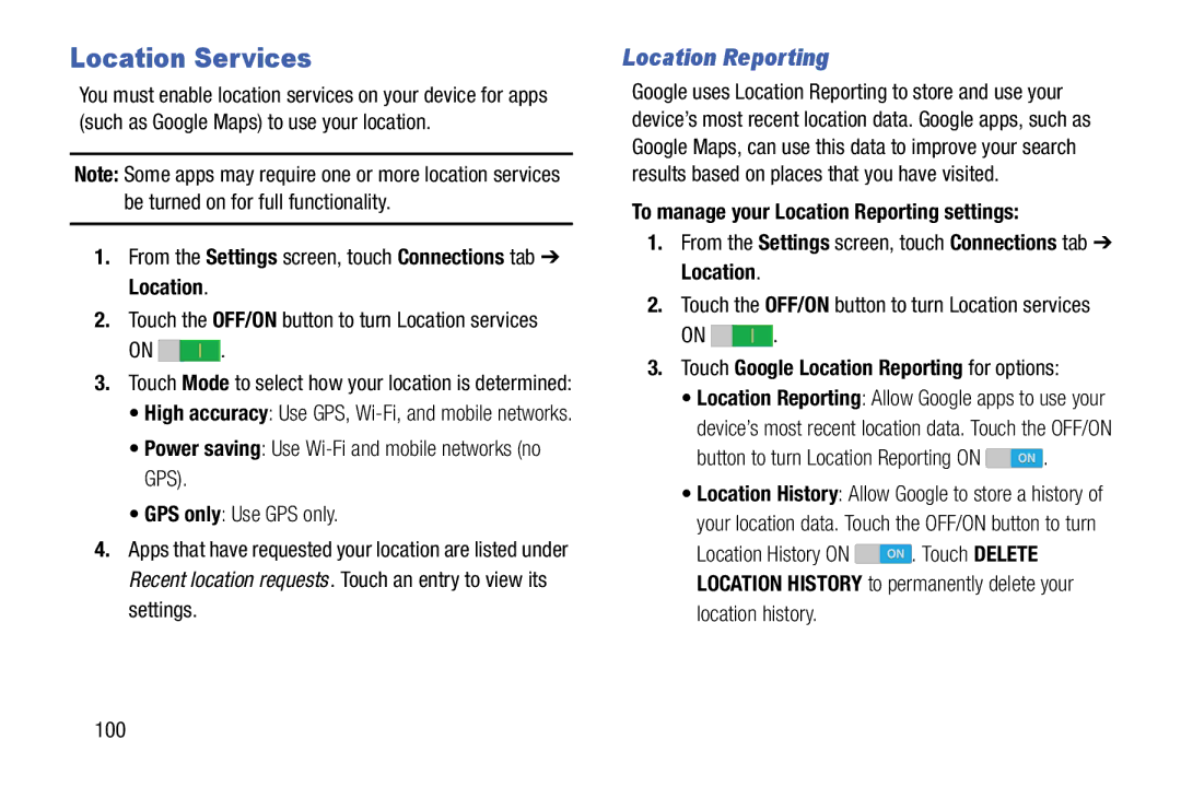 Samsung SM-T9000ZWAXAR user manual Location Services, To manage your Location Reporting settings 