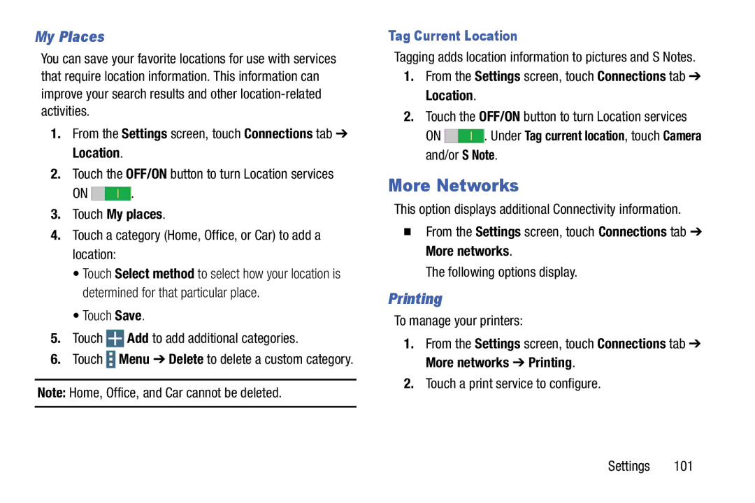 Samsung SM-T9000ZWAXAR user manual More Networks, My Places, Printing, Tag Current Location 