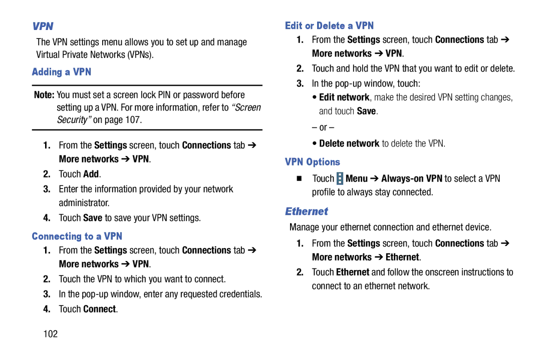 Samsung SM-T9000ZWAXAR user manual Ethernet, Adding a VPN, Connecting to a VPN, Edit or Delete a VPN, VPN Options 