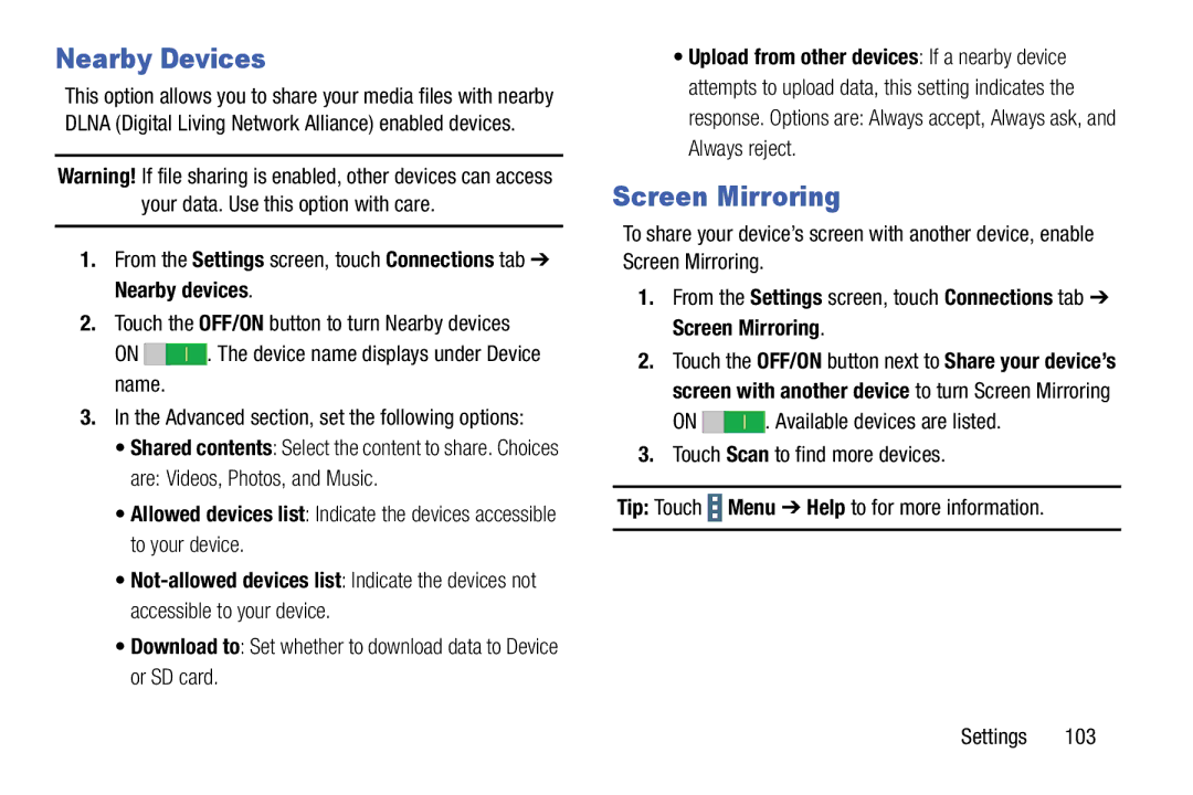 Samsung SM-T9000ZWAXAR user manual Nearby Devices, Screen Mirroring, Are Videos, Photos, and Music 