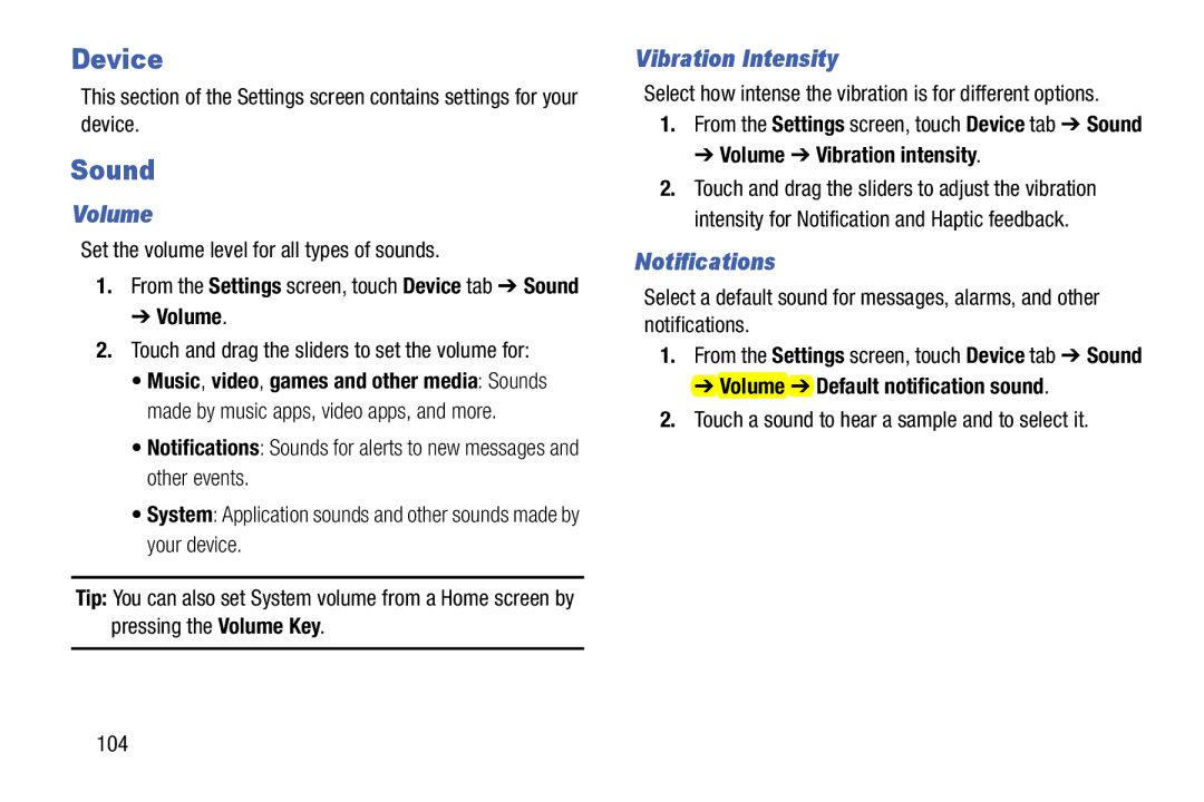 Samsung SM-T9000ZWAXAR user manual Device, Sound, Volume, Vibration Intensity, Notifications 