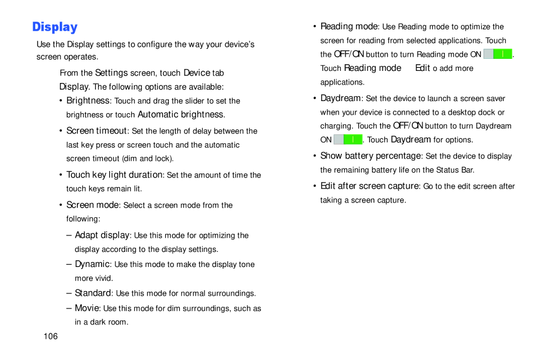 Samsung SM-T900 Display, Screen mode Select a screen mode from the following, On . Touch Daydream for options, 106 