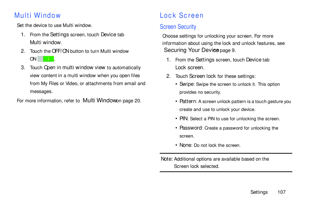 Samsung SM-T9000ZWAXAR user manual Lock Screen, Screen Security 