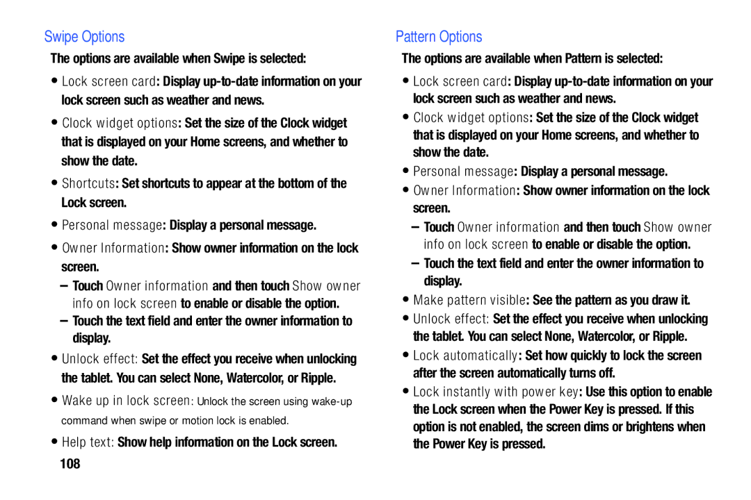 Samsung SM-T900 user manual Swipe Options, Pattern Options, Owner Information Show owner information on the lock screen 