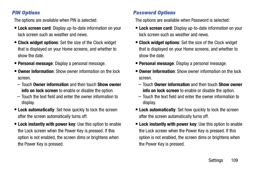 Samsung SM-T9000ZWAXAR user manual PIN Options, Password Options, Options are available when PIN is selected 