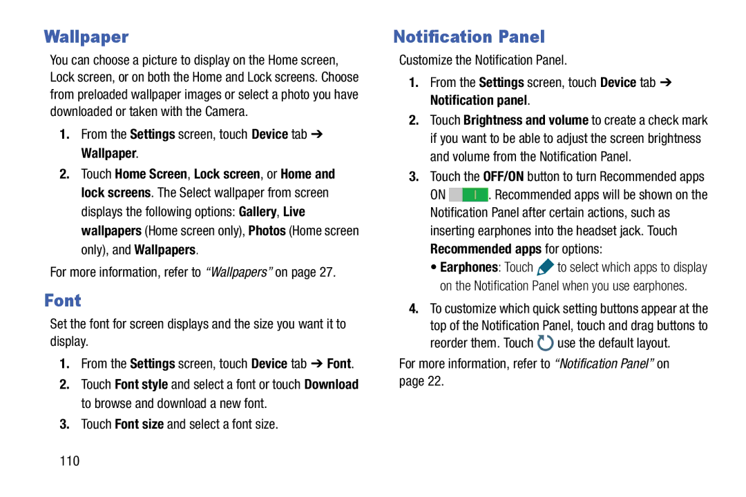 Samsung SM-T9000ZWAXAR user manual Font, Notification Panel, From the Settings screen, touch Device tab Wallpaper 