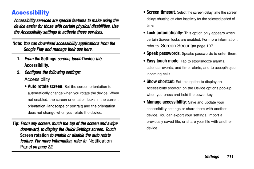 Samsung SM-T9000ZWAXAR user manual Accessibility 