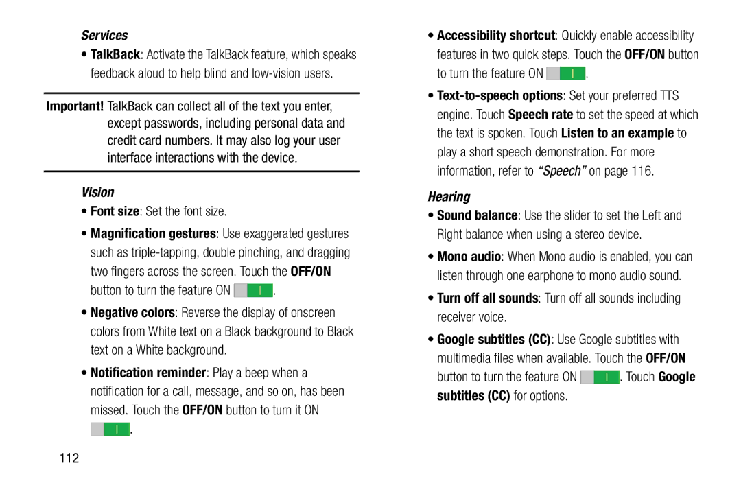 Samsung SM-T9000ZWAXAR Font size Set the font size, Button to turn the feature on, To turn the feature on, 112 