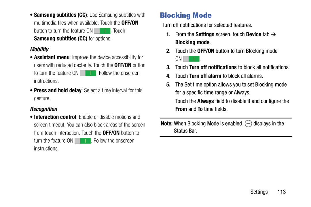 Samsung SM-T9000ZWAXAR user manual Blocking Mode, To turn the feature on . Follow the onscreen instructions 