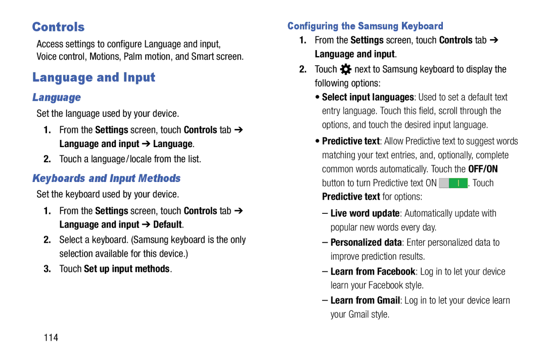 Samsung SM-T900 user manual Controls, Language and Input, Keyboards and Input Methods, Configuring the Samsung Keyboard 