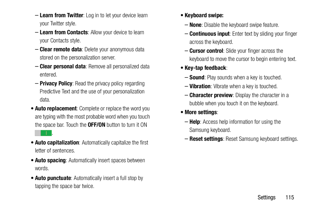 Samsung SM-T9000ZWAXAR Clear personal data Remove all personalized data entered, Keyboard swipe, Key-tap feedback 