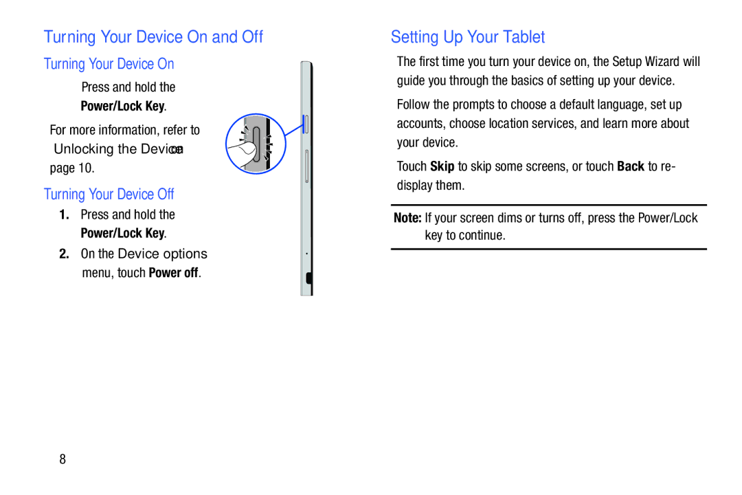 Samsung SM-T900 user manual Turning Your Device On and Off, Setting Up Your Tablet, Turning Your Device Off, Power/Lock Key 