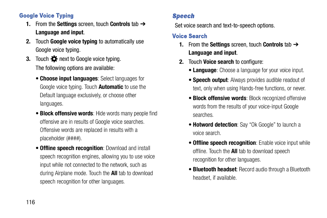 Samsung SM-T9000ZWAXAR user manual Speech, Google Voice Typing, Voice Search 