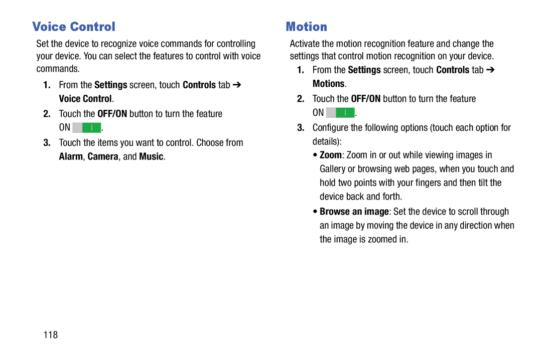 Samsung SM-T9000ZWAXAR user manual Voice Control, Motion, 118 