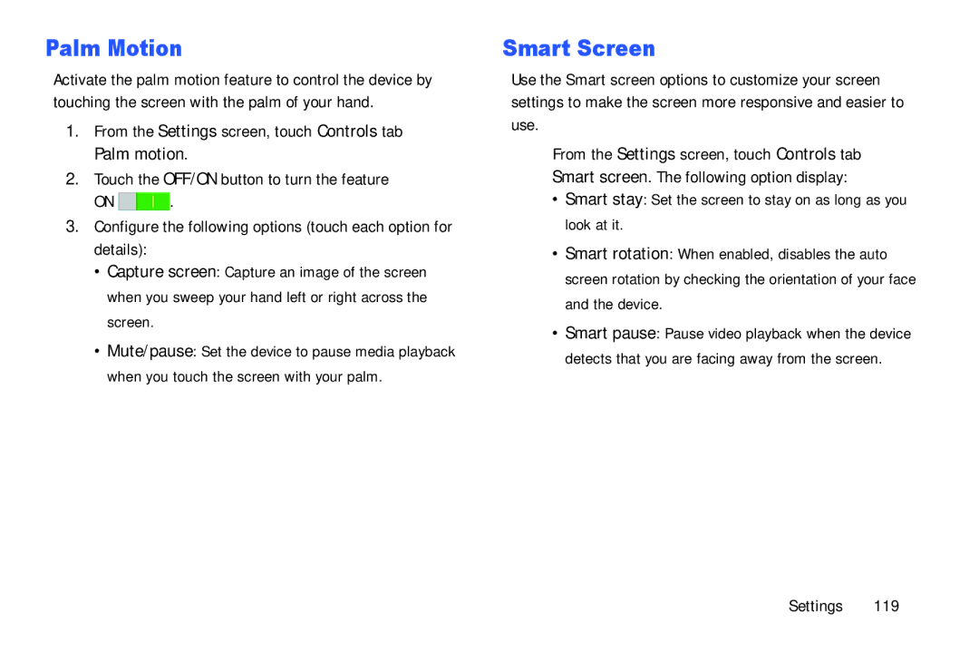 Samsung SM-T9000ZWAXAR user manual Palm Motion, Smart Screen 