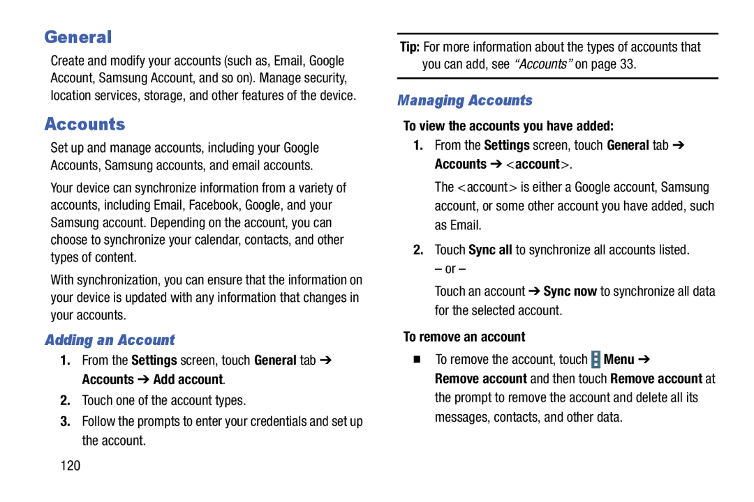 Samsung SM-T900 General, Adding an Account, Managing Accounts, To view the accounts you have added, To remove an account 