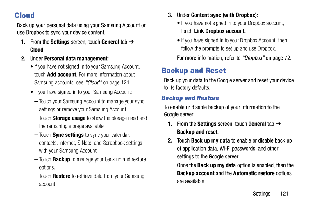 Samsung SM-T9000ZWAXAR user manual Cloud, Backup and Reset, Backup and Restore, Under Personal data management 