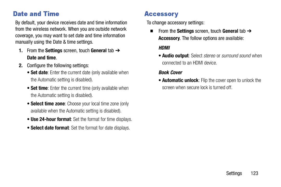 Samsung SM-T9000ZWAXAR user manual Date and Time, Accessory, To change accessory settings 