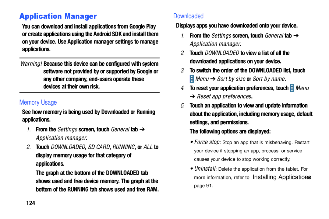 Samsung SM-T900 Application Manager, Memory Usage, Downloaded, Menu Sort by size or Sort by name, Reset app preferences 