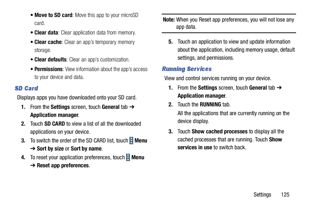 Samsung SM-T9000ZWAXAR user manual SD Card, Running Services, Sort by size or Sort by name 