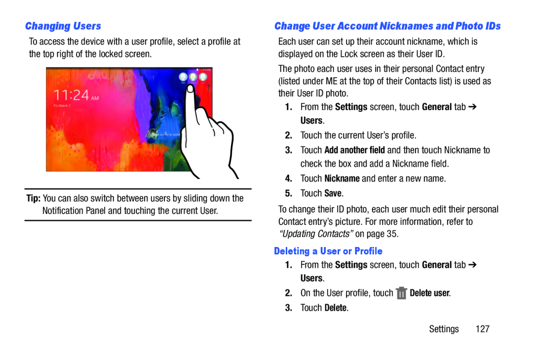 Samsung SM-T9000ZWAXAR Changing Users, Touch Nickname and enter a new name Touch Save, Deleting a User or Profile 