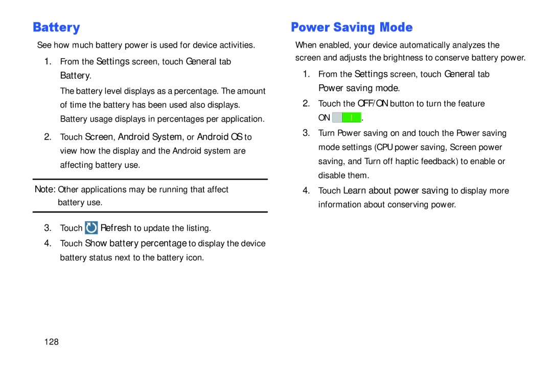 Samsung SM-T9000ZWAXAR user manual Power Saving Mode, From the Settings screen, touch General tab Battery, 128 