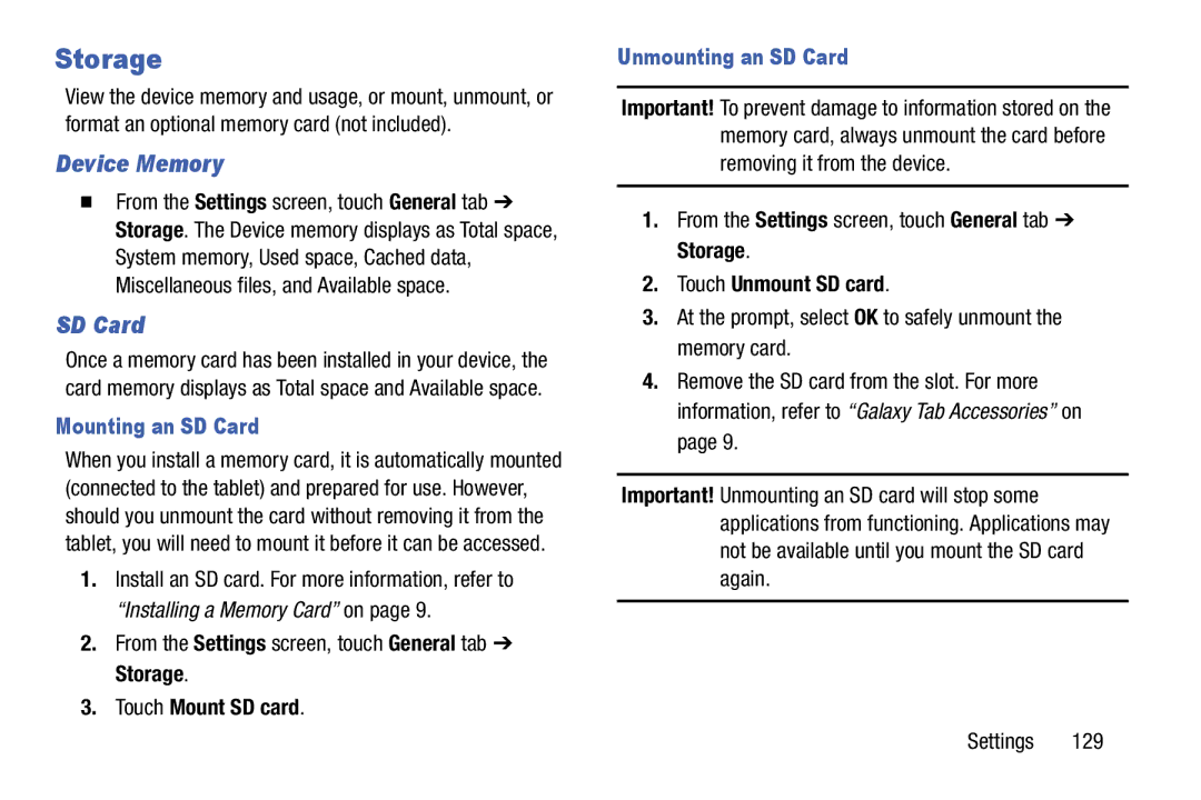 Samsung SM-T9000ZWAXAR user manual Storage, Device Memory, Mounting an SD Card, Unmounting an SD Card 