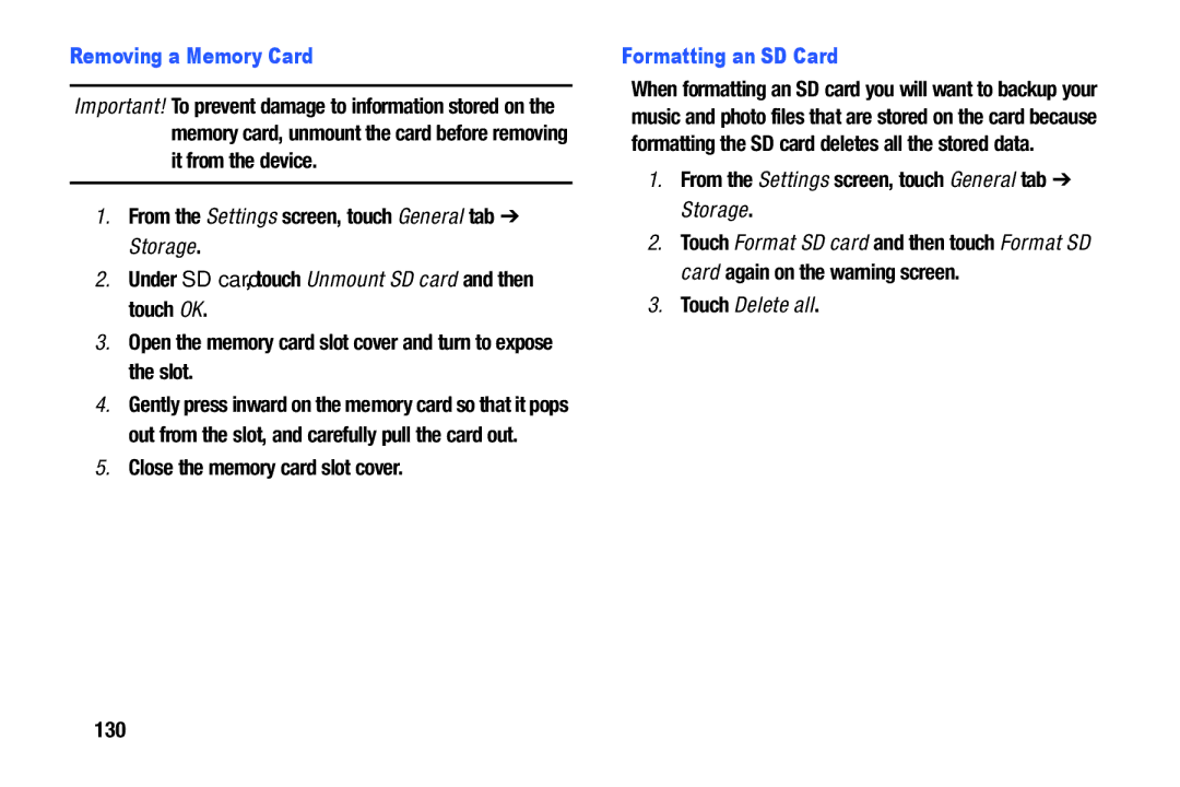 Samsung SM-T9000ZWAXAR user manual Removing a Memory Card, Formatting an SD Card, Touch Delete all, 130 