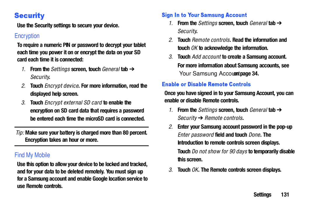 Samsung SM-T9000ZWAXAR user manual Security, Encryption, Find My Mobile, Sign In to Your Samsung Account 