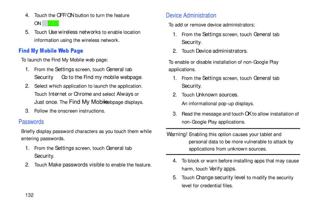 Samsung SM-T900 Passwords, Device Administration, Find My Mobile Web, Touch Device administrators, Touch Unknown sources 