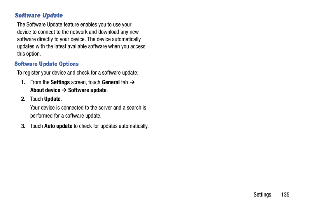 Samsung SM-T9000ZWAXAR Software Update Options, To register your device and check for a software update, Touch Update 