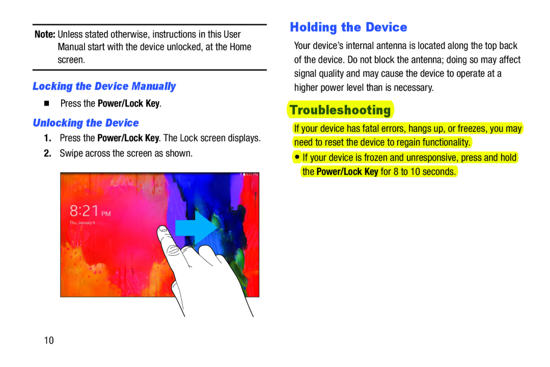 Samsung SM-T9000ZWAXAR Holding the Device, Troubleshooting, Locking the Device Manually, Unlocking the Device 