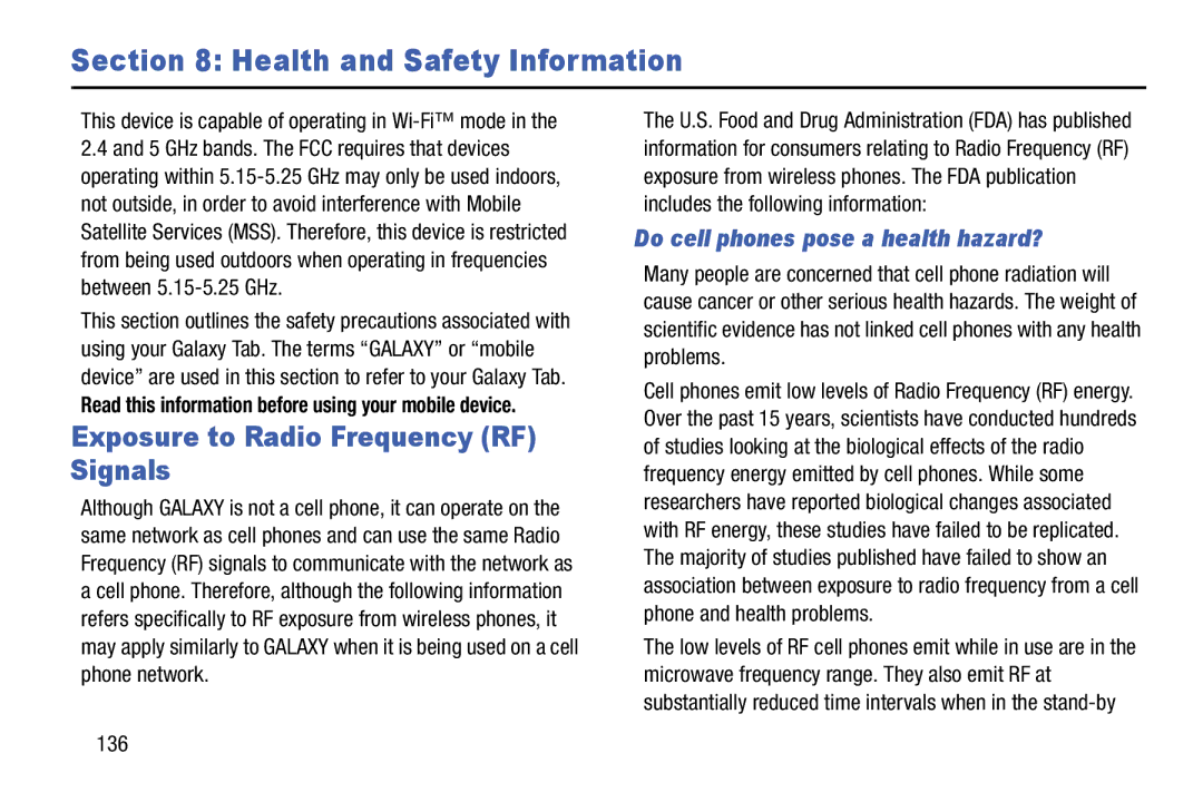 Samsung SM-T9000ZWAXAR user manual Exposure to Radio Frequency RF Signals, Do cell phones pose a health hazard?, 136 