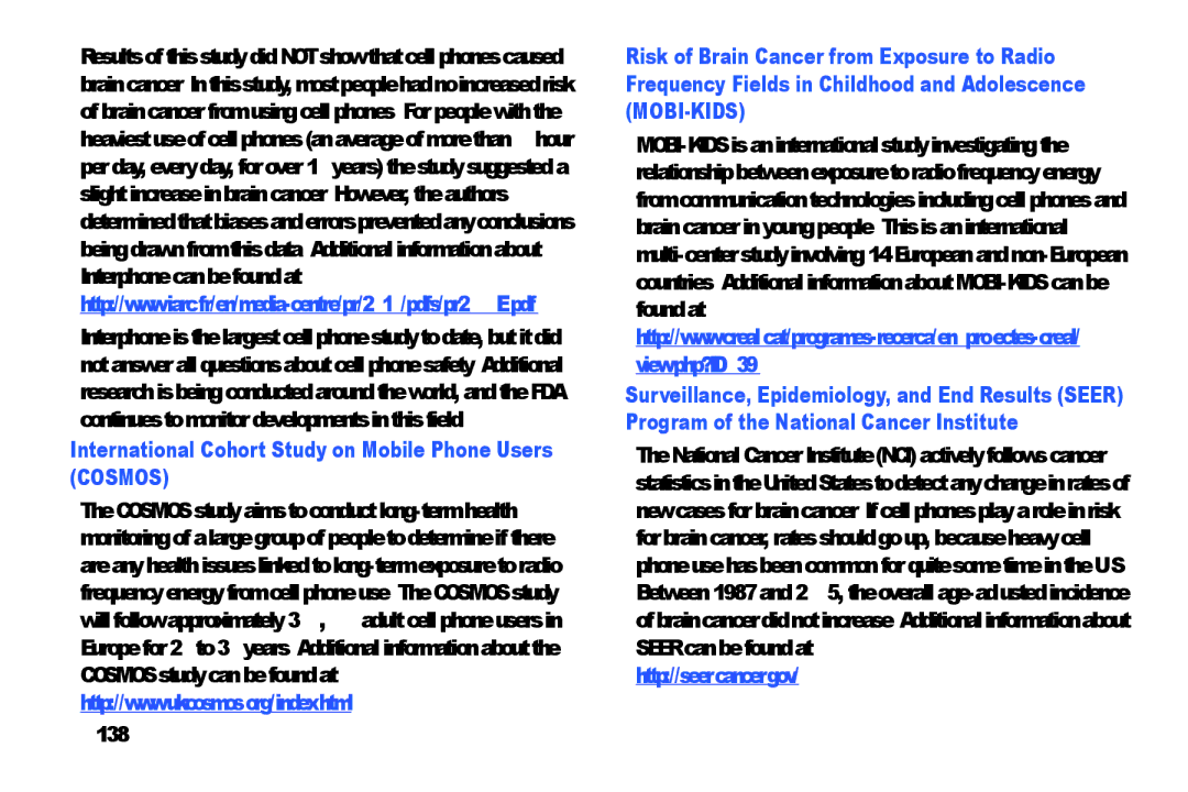 Samsung SM-T9000ZWAXAR user manual International Cohort Study on Mobile Phone Users Cosmos, 138 