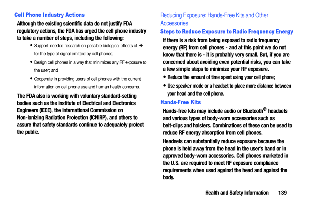 Samsung SM-T9000ZWAXAR Reducing Exposure Hands-Free Kits and Other Accessories, Cell Phone Industry Actions, 139 