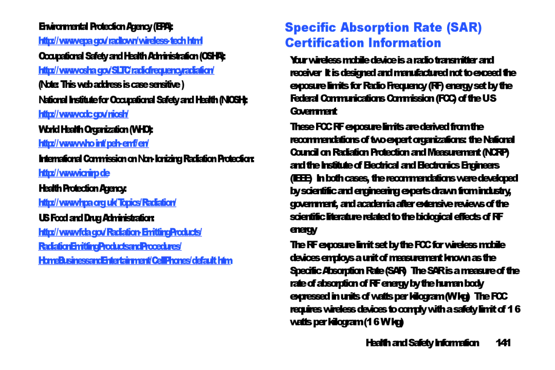 Samsung SM-T9000ZWAXAR user manual Specific Absorption Rate SAR Certification Information, 141 