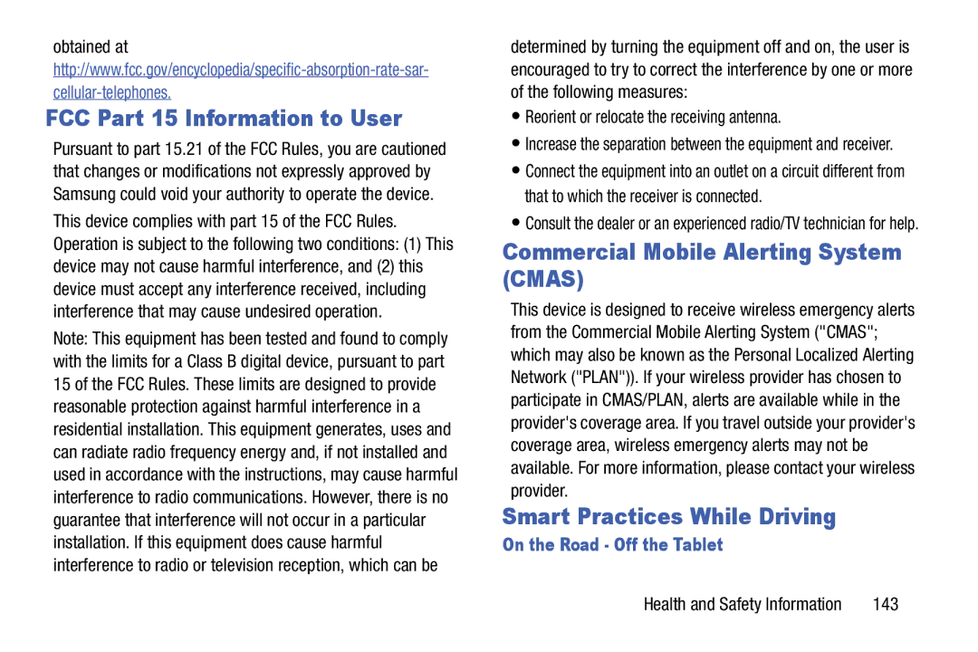 Samsung SM-T9000ZWAXAR FCC Part 15 Information to User, Commercial Mobile Alerting System Cmas, On the Road Off the Tablet 