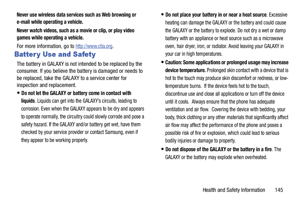 Samsung SM-T9000ZWAXAR user manual Battery Use and Safety, 145 