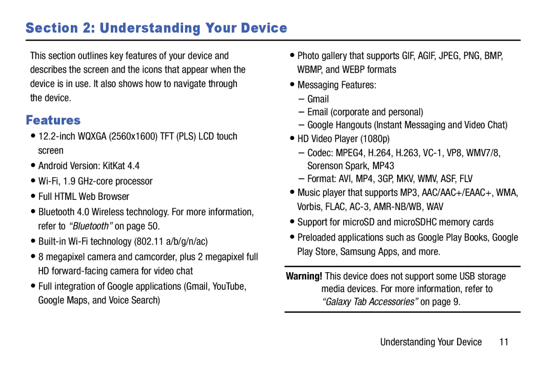 Samsung SM-T9000ZWAXAR user manual Features, Support for microSD and microSDHC memory cards 