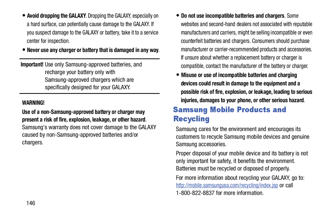 Samsung SM-T9000ZWAXAR user manual Samsung Mobile Products and Recycling, 146 