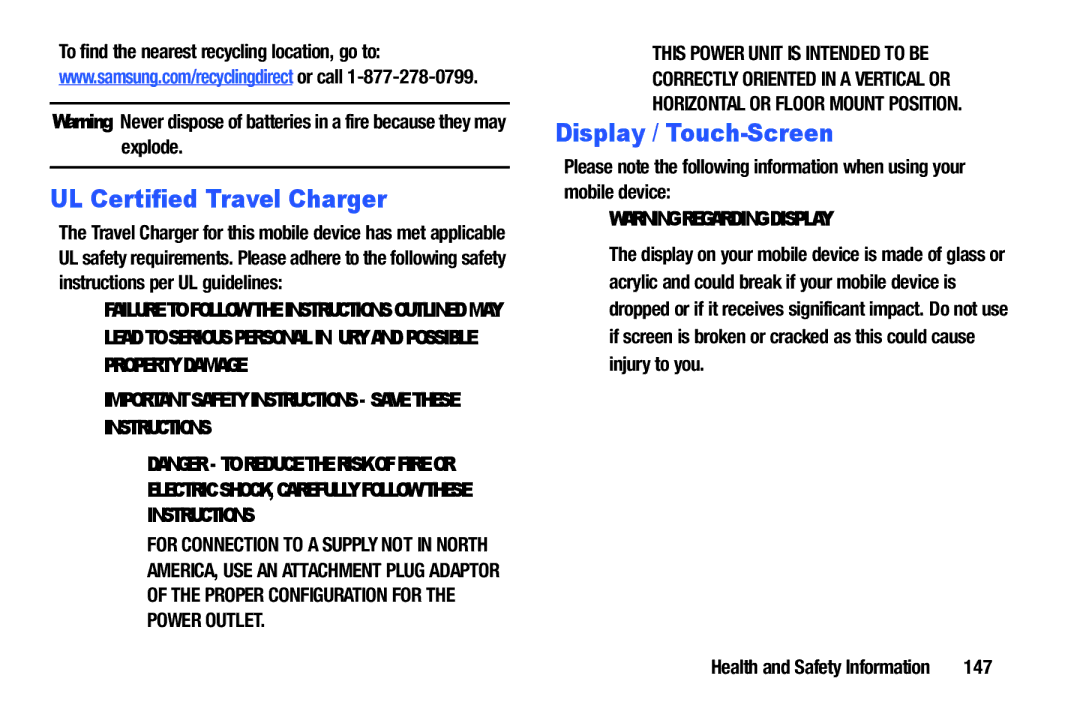 Samsung SM-T9000ZWAXAR user manual UL Certified Travel Charger, Display / Touch-Screen, 147 