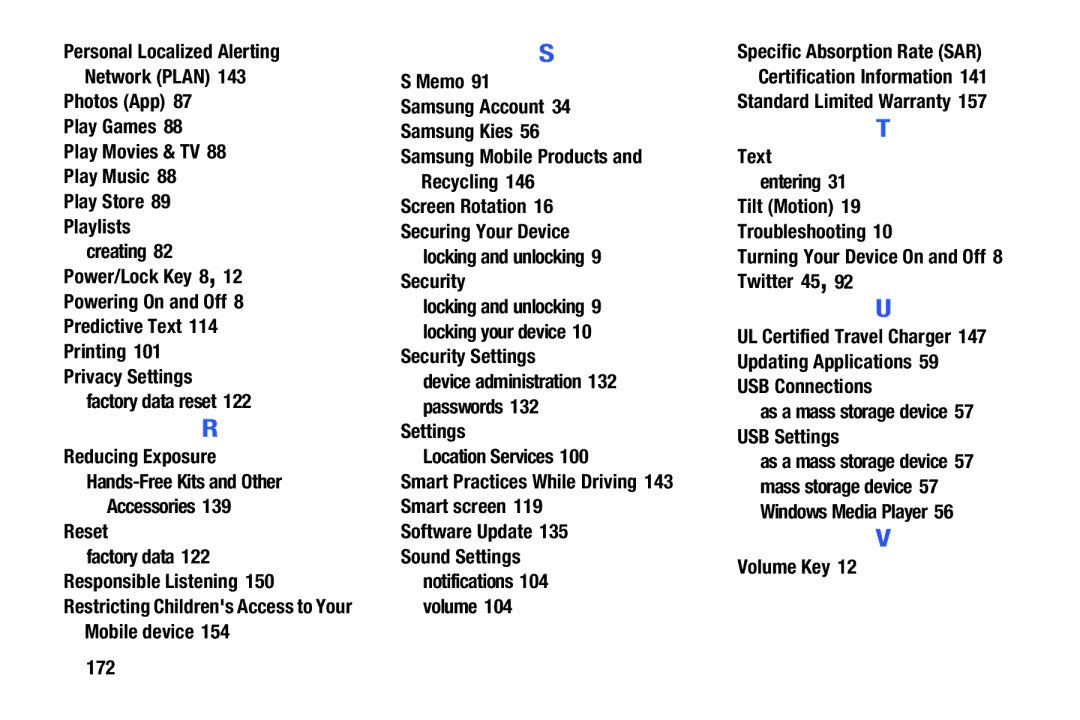 Samsung SM-T900 Reducing Exposure, Reset, Responsible Listening, Security Settings, Software Update Sound Settings 