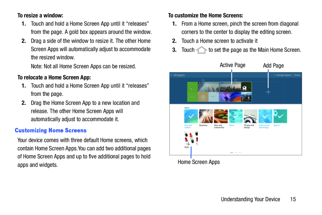 Samsung SM-T9000ZWAXAR user manual To resize a window, To relocate a Home Screen App, Customizing Home Screens 