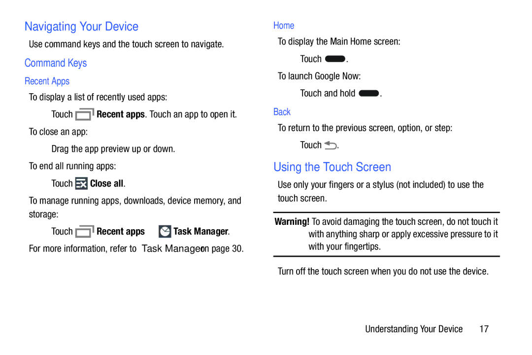 Samsung SM-T9000ZWAXAR user manual Navigating Your Device, Using the Touch Screen, Command Keys 