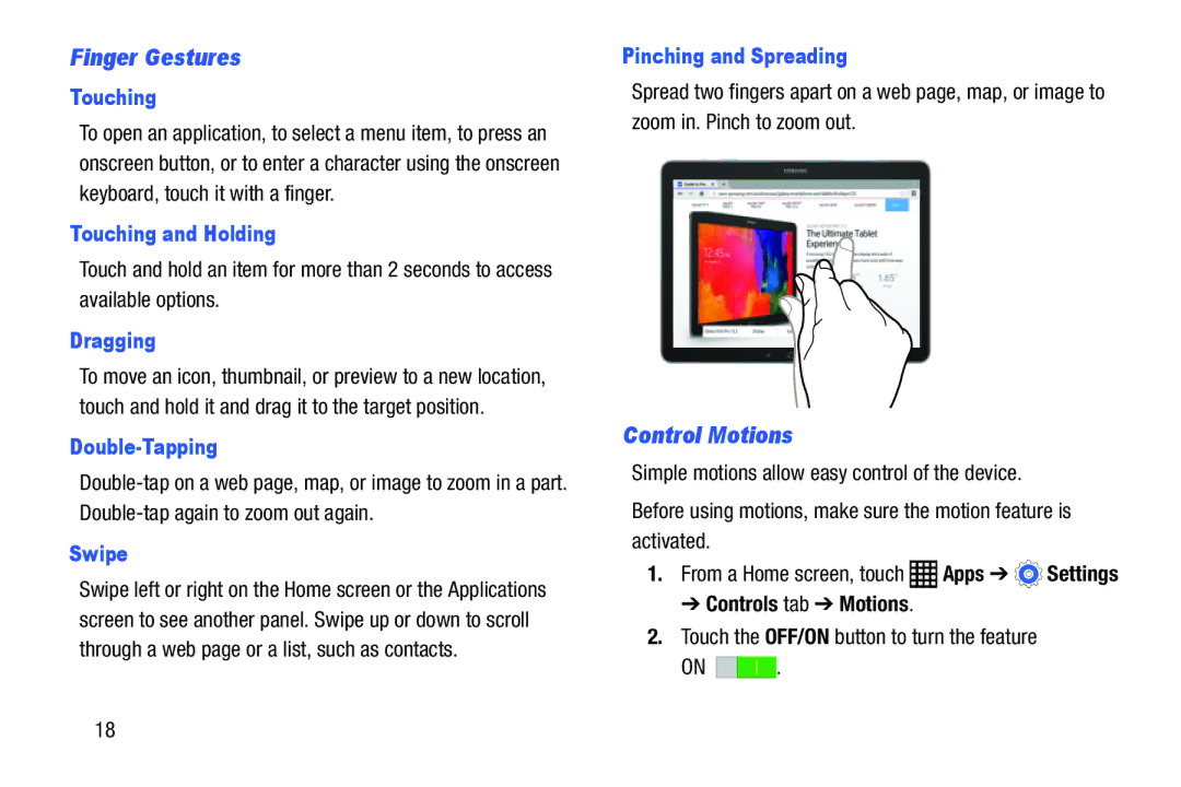 Samsung SM-T9000ZWAXAR user manual Finger Gestures, Control Motions 