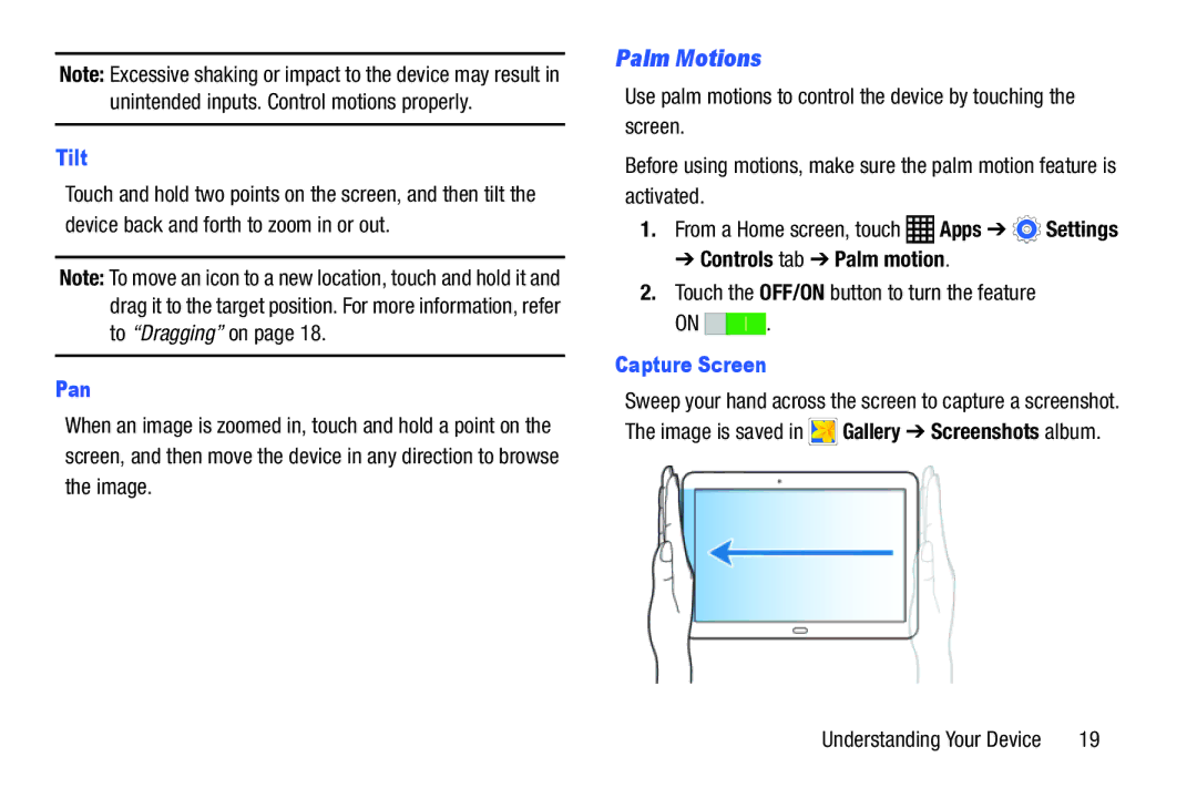 Samsung SM-T9000ZWAXAR user manual Palm Motions, Tilt, Pan, Controls tab Palm motion, Capture Screen 