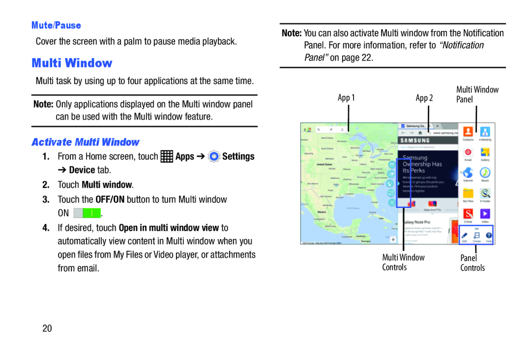 Samsung SM-T9000ZWAXAR user manual Activate Multi Window, Mute/Pause, Device tab Touch Multi window 