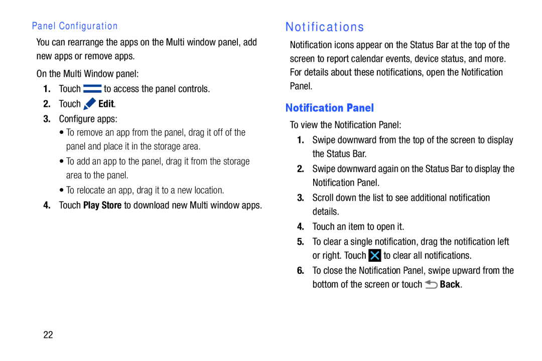 Samsung SM-T900 Notifications, Notification Panel, Panel Configuration, Or right. Touch to clear all notifications 