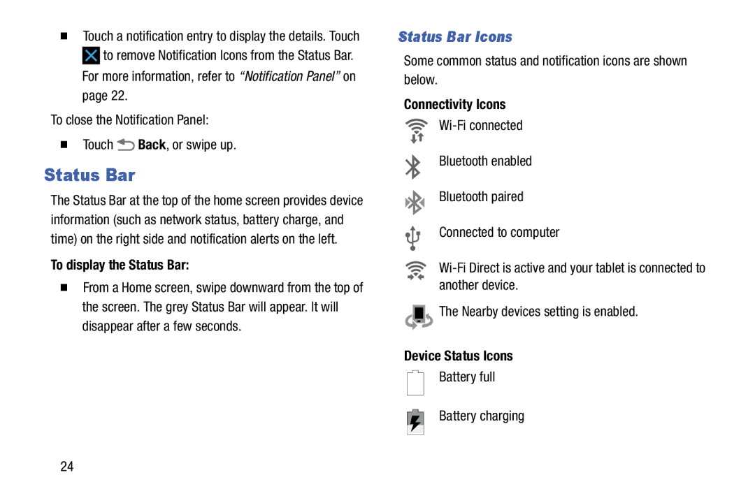 Samsung SM-T9000ZWAXAR Status Bar Icons, To display the Status Bar, Connectivity Icons, Device Status Icons 